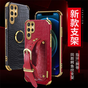 Crocodile-Skin Leather Wristband Holder Phone Case for Samsung Galaxy S25 Ultra S24 Plus S23 FE S22 S21 S20 Note 20 Ultra 10 Cover Casing