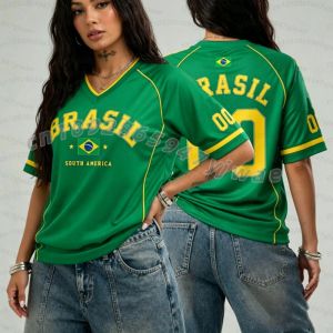 26 MEN Brazil NO.10 Print T Shirt For Women V-Neck Patchwork Short Sleeve Sports Football Jersey Y2K Loose SOCCER FANS Tops