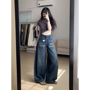 Retro American Washed Knife Edge Wide Leg Jeans Womens Loose Fit Straight Cut Denim Pants Autumn 2025 New Style Casual Cotton