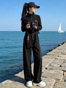 NUANPING | Sporty Leisure Black Notched Collar Zip-Up Loose Pants Womens Set Slimming