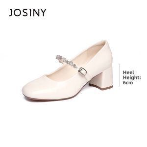 Josiny | Coarse Heel Mary Jane Shoes Water Drill Single Buckle Open Mouth High Heel Shoes