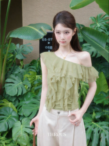 THROUS | Áo Thun MESH Quai Ngang Có Nếp Gợn