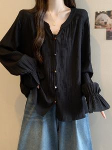 Áo Sơ Mi Nữ Tay Dài Dáng Rộng Cổ Chữ V Kiểu Pháp Cỡ Lớn Mùa Xuân Thu Che Bụng Thanh Lịch Tay Loe Chất Liệu Polyester