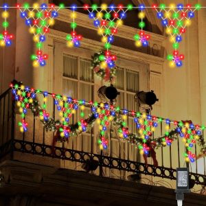 ม่านแสงไฟคริสต์มาสตกแต่งระเบียงกลางแจ้งที่มี6หยดดาวกระพริบกันน้ำได้8โหมดการตกแต่งวันคริสต์มาสสำหรับผนังราวหลังคารั้ว-หลากสี