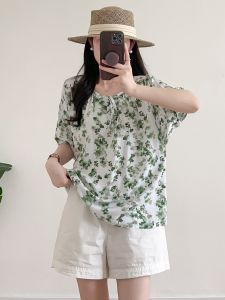 Floral Cotton Silk Loose Fit Short Sleeve round Neck T-Shirt Womens Summer Thin Shirt Artificial Cotton Casual Style Top