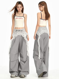 กางเกงทำงานผ้าลูกไม้แห้งเร็วเอวสูงทรงหลวมสำหรับผู้หญิง กางเกงขายาวลำลองฤดูร้อนปี 2025 ทรงหลวม ทรงลำลอง ทรงลำลอง ทรงลำลอง