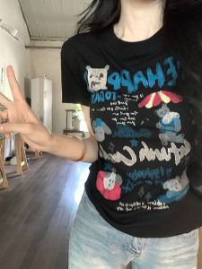 Áo Thun Nữ Tay Ngắn in Họa Tiết Vai Thường Ngày Mùa Hè 2025 Phong Cách Hàn Quốc Cổ Tròn Dáng Ôm Vừa Vặn Đa Năng