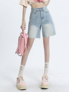 กางเกงขาสั้นผ้ายีนส์ขาดๆ ชายระบายเฉดสี กางเกงขายาวทรงตรงเอวสูงสำหรับผู้หญิงในช่วงฤดูร้อน กางเกงขายาวทรงตรงทรงเข้ารูป