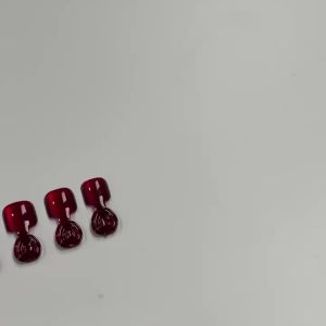 24Pcs Glossy Red Cat Eye Press On Toe Nails with 3D Rhinestones Short Square Fake Toenails Full Cover Cats Eyes False Toenail T