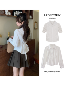 White Bubble Sleeve JK Shirt Womens Short Style Inner Wear Slim Fit Base Shirt Sweet And Spicy Top Korean Version Polo Collar