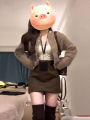 Korean Style Fashionable Knitwear Cardigan Sweater And Mini Skirt Two-Piece Set Women Spring Season Long Sleeve round Neck Polyester Spandex. 
