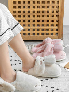 Cotton Slippers Womens Winter Rabbit Stuffed Slippers Postpartum Cartoon Cotton Shoes Cute Non-Slip Soft Bottom Furry Indoor Bag Heel