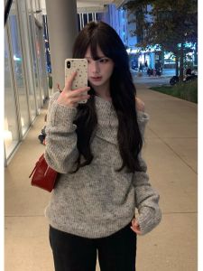 BINKAFENNY | Gray Shoulder Bared Sweater Womens Loose Thickened Autumn Winter Outerwear Knitted Top Comfortable Lazy Style Long Sleeve Crew Neck