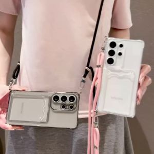 Crossbody Strap Lanyard Phone Case For Samsung Galaxy Note20 Ultra S26 S25 S24 S23 S22 Transparent TPU ID Card Bag Clear Cover