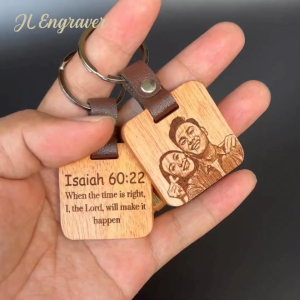 Customized Wooden Keychain with Personalized Photo Engraving and Leather Holder - Square Shaped