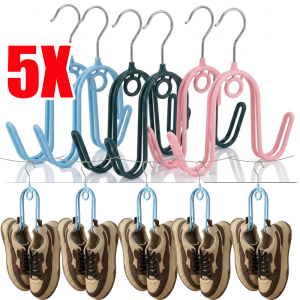 5pcs Multi-Pack Stainless Steel Shoe Drying Rack Hooks / Wind Resistant Rotatable Double Hook Design / Space Saving Clothesline Storage Hangers / Sturdy Metal Hooks Suitable for Drying Sneakers Slippers and Flip Flops on Balcony Ropes