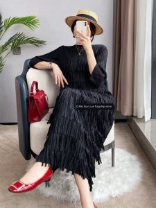 Elegant Thin Short Sleeve Womens Dress Summer Cake Skirt Pleated Slimming Long Dress High End Tassel Pure Color round Neck Loose Waist