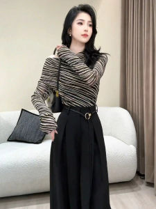 XUECAIQI | Fall Stylish Korean Sophisticated Flattering Off-shoulder Long Sleeve T-shirt and Wide-leg Pants Set