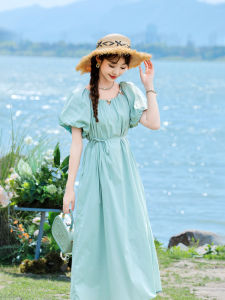 Blue Beach Vacation Style Womens Dress Waist-Cinching Long Skirt Artistic Summer 2025 New Fashion Elegant White Luou Brand