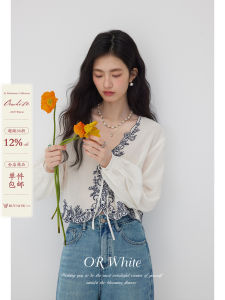 Áo Blouse Tay Dài Cổ V Trang Trí Nhiều Ren Pha Cotton và Ramie