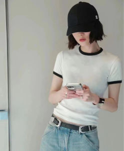 Casual Style Womens Slim Fit round Neck Short Sleeve T-Shirt Embroidered Cotton 100% Leisure Fashion Spring Morning Edition