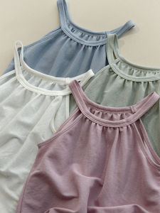 Childrens Thin Strap Vest round Neck Solid Color Base Shirt Little Girls Summer Top Sweet Style Pure Cotton Material