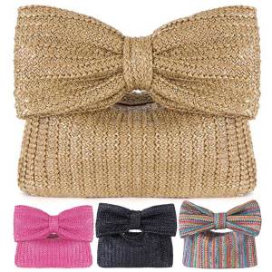 MOJOYCE Women Crochet Beach Clutch with Straw Material Bow Detail Lightweight Evening Bag