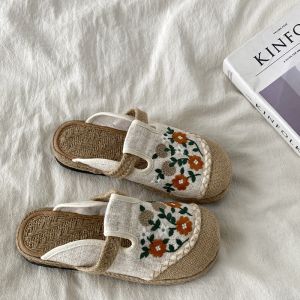 Xistu Linen Slip-On Flat Bottom Anti-Slip Womens Slippers Outdoor Wearable Comfortable Lazy Fisherman Embroidered Shoes