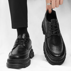 Black Derby Shoes Mens Autumn 2025 New Style Thick Bottom Groom Shoes Leather Shoes British Style round Toe Sport Casual Shoes
