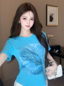 GUZILIAN | เสื้อยืดแขนสั้นทรงสลิมฟิตสำหรับผู้หญิง สีฟ้า ดีไซน์ฤดูร้อน ทรงไม่สมมาตร เสื้อครึ่งแขนเข้ารูป เทรนด์แฟชั่น