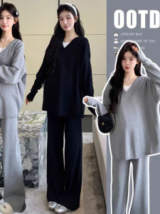 Bộ Đồ Hai Mảnh Thời Trang Cho Bà Bầu Mùa Thu 2025 Quần Ống Rộng Phong Cách Thường Ngày Bộ Đồ Hai Mảnh Áo Nỉ Giả Hai Mảnh