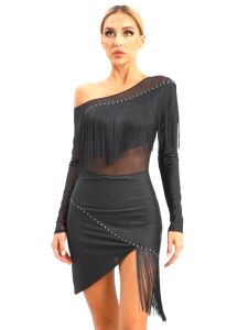 【Must-Have Style】 WaQas Womens Oblique Shoulder Fringed Dance Dress Sheer Mesh Patchwork Long Sleeve Irregular Hem Dresses for Tango Latin Cha-Cha Samba