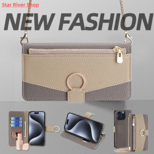 Leather Metal Chain Ring Wallet Flip Cover for iPhone Crossbody Case with Zipper Protection for 17Air 15ProMax 16 14 13 12