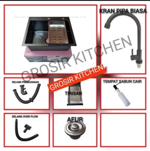 Kitchen sink ONAN/INOBE/VALPRA/LOONGINC/JKM 6045 hitam komplit set / Westafel bak cuci piring 1 lobang stainless steel black