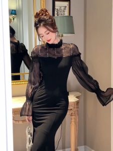 ZYHT EraVogue เดรสผู้หญิง เดรสสีดำ เดรสหางปลา เดรสแขนบาน เดรสทำงาน เดรสไฮโซ เดรสวินเทจ เดรสออกงาน เดรสปาร์ตี้ ชุดราตรี 21434