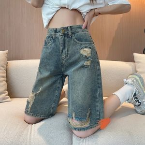 กางเกงขาสั้นผ้ายีนส์ทรงเอเอวสูง ทรงเข้ารูป กางเกงขายาวทรงตรง สำหรับผู้หญิงไซส์ใหญ่ ฤดูร้อน สไตล์ใหม่ แฟชั่น