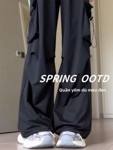 Quần Dài Ống Rộng Màu Đen Cho Nữ Mùa Xuân Hè 2025 Quần Dài Ống Rộng Cạp Cao Nhanh Khô Quần Dài Công Sở Phong Cách Mới