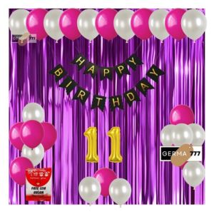 PAKET SET DEKORASI ULANG TAHUN / BANNER HAPPY BIRTHDAY HITAM BALON PUTIH MIX TIRAI UNGU