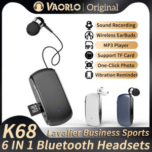 VAORLO หูฟังไร้สายบันทึกเสียงการประชุม 6 IN 1 เครื่องบันทึก/การ์ด TF เล่น MP3/คลิกเดียวภาพ/การสั่นสะเทือนเตือน Lavalier กีฬาธุรกิจที่มีไมค์ตัดเสียงรบกวนหูฟังบลูทูธ5.3