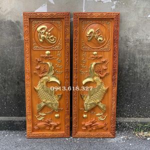 Đôi tranh song ngư cá chép rát vàng gỗ hương cực dày Cao 107117cm