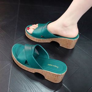 Womens Summer Outdoor Wearable High Heel Slippers Anti-Slip Thick Bottom Platform Home Comfortable PVC Material Slippers