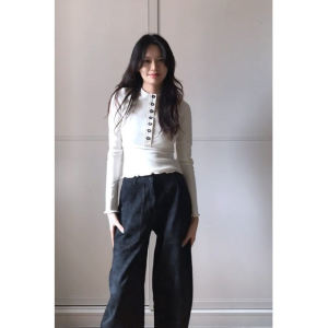 American Style Long Sleeve Henry Collar T-Shirt Womens Autumn New Design Slimming Simple Base Layer Top