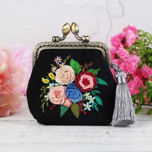 Embroidery DIY Ribbon Flowers Bags Purse Wallet Handbag Cross Stitch Kit for Beginner Needlework Sewing Arts Craft Friend Gifts