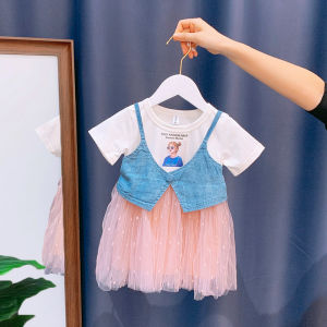 Princess Style Cotton Denim Skirt for Baby Girls Summer Fashionable Dress Korean Style Cartoon Print Lightweight Elastic Fabric