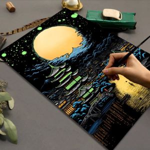 Glow-in-the-dark Scratch-off Paper A3 Adult Vibrant Color 8K Night View Creative Painting Stress Relief Handcraft DIY Gift