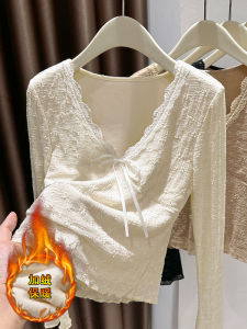 Fleece Lined Thickened Lace Base Shirt Womens 2025 New Autumn Winter Inner Long Sleeve Splicing Lace V Neck Thin Fleece Top