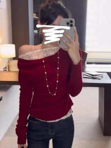 French Style Christmas Red Long Sleeve T-Shirt Womens Spring Autumn Lace Splice Shoulder Bared One-Shoulder Top Slim Fit