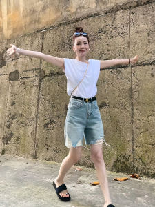 กางเกงขาสั้นผ้ายีนส์ขาดเอวสูงสำหรับผู้หญิง กางเกงขายาวทรงตรงหลวมๆ ทรงสลิมฟิต กางเกงขายาวทรงสลิมฟิตสำหรับฤดูร้อน