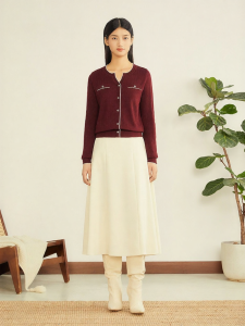 French Style Ankor Red Wool Blended Twinkling Texture Knitted Sweater
