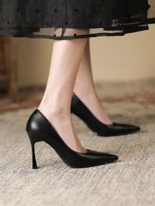 สีดำ รองเท้าส้นสูง ผู้หญิง ส้นแหลมบาง หลากหลาย รองเท้าทํางานมืออาชีพ นุ่ม หนัง ของแท้กันลื่น หนัง ผู้หญิง รองเท้า
